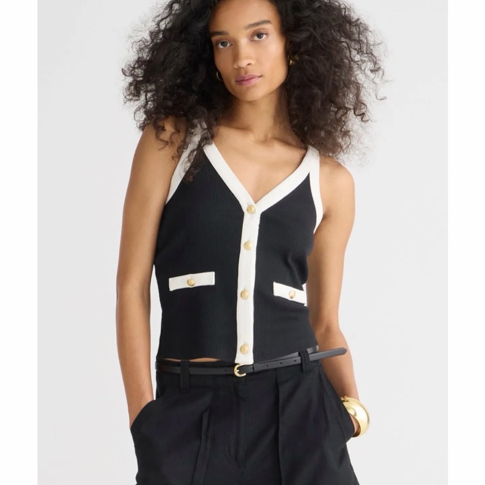 J.Crew Ribbed Contrast Trim Gold Button Tank Top Women’s Small Black Cream